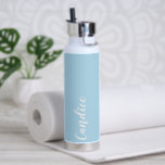 Light Blue Personalized Wedding Bridesmaid Water Bottle<br><div class="desc">Gift your wedding bridesmaid or maid of honour with this trendy, vacuum Insulated water bottle that features her name in white, stylized script on a light blue colour background designed to match your wedding colour scheme. Personalize bottle by editing and replacing name with your own as desired. Select your water...</div>