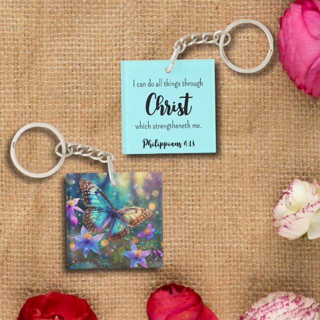 Light Blue Philippians 4:13 Scripture Butterfly  Keychain (Creator Uploaded)