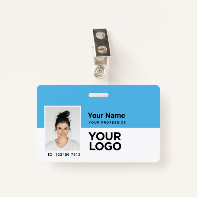 Light blue Photo Bar or Qr Code Logo Name Badge (Front with Clip)