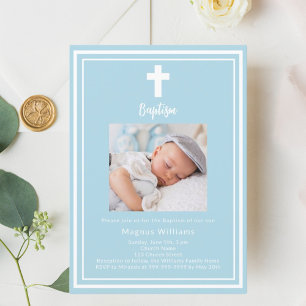Light blue photo boy Baptism Invitation