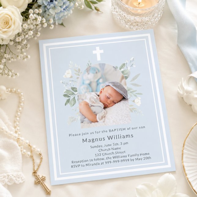 Light blue photo florals boy Baptism invitation (Creator Uploaded)