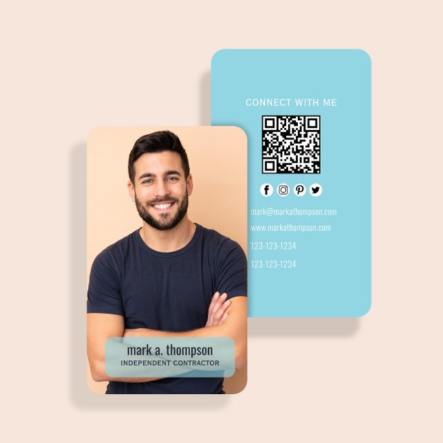 Light Blue Photo QR Code Connect With Me Business Card (Light blue QR code card with photo and clean modern contact layout)