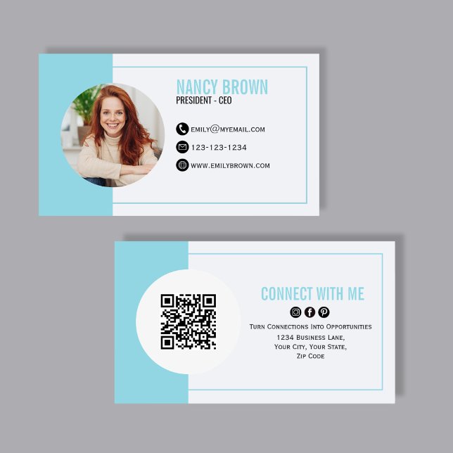 Light Blue Photo QR Code Connect With Me Business Card (Soft light blue photo networking card with QR code back, clean minimalist layout.)