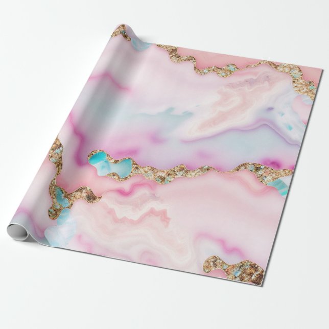 Light Blue Pink Agate Marble Popular Collection Wrapping Paper (Unrolled)