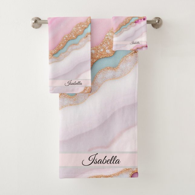 Light Blue Pink Agate Marble Trendy Collection Bath Towel Set (Insitu)