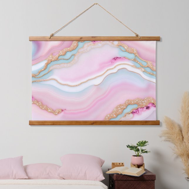 Light Blue Pink Agate Marble Trendy Collection Hanging Tapestry (Bedroom)