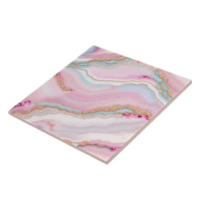 Light Blue Pink Agate Marble Trendy Collection Tile (Side)