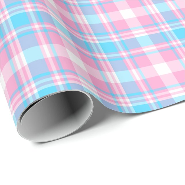 Light Blue, Pink and White Plaid Wrapping Paper (Roll Corner)