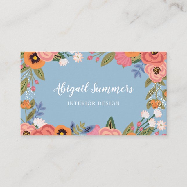 Light Blue & Pink Boho Floral Frame Business Card (Front)