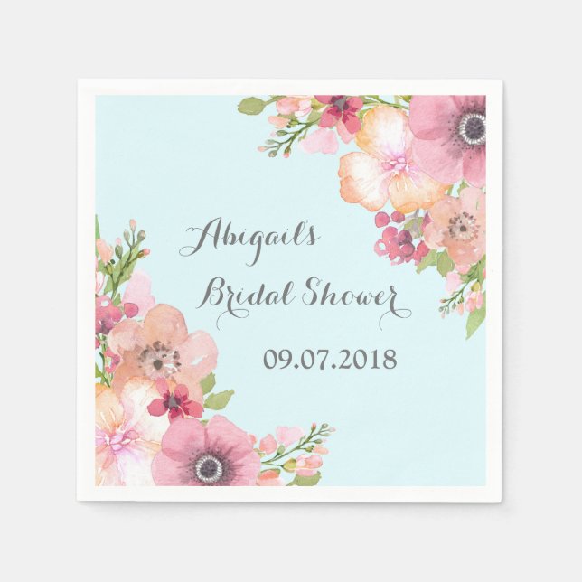 Light Blue Pink Floral Bridal Shower Napkins (Front)