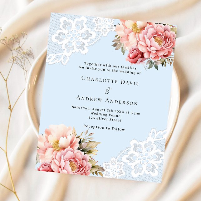 Light blue pink floral lace wedding invitation (Creator Uploaded)