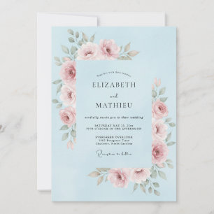 Light Blue Pink Floral Wedding Invitation