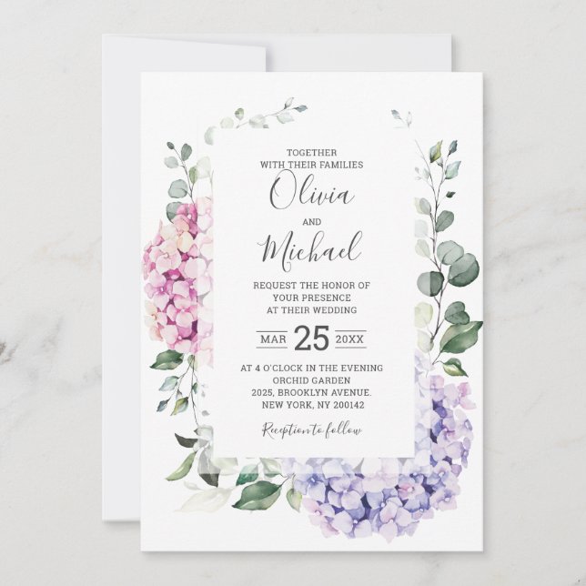 Light Blue Pink Hydrangeas and Eucalyptus wedding Invitation (Front)