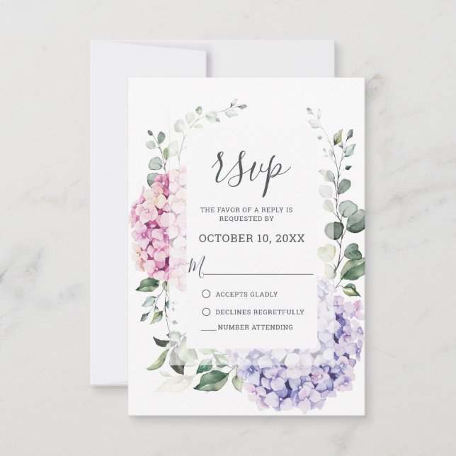 Light Blue Pink Hydrangeas and Eucalyptus wedding RSVP Card (Front)