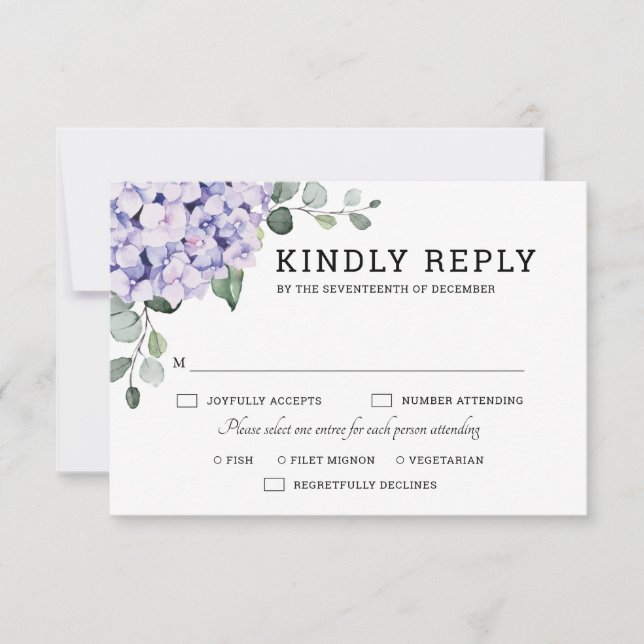 Light Blue Pink Hydrangeas and Eucalyptus wedding RSVP Card (Front)