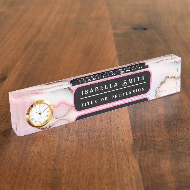 Light Blue Pink Marble Agate Modern Collection Nameplate (Side)