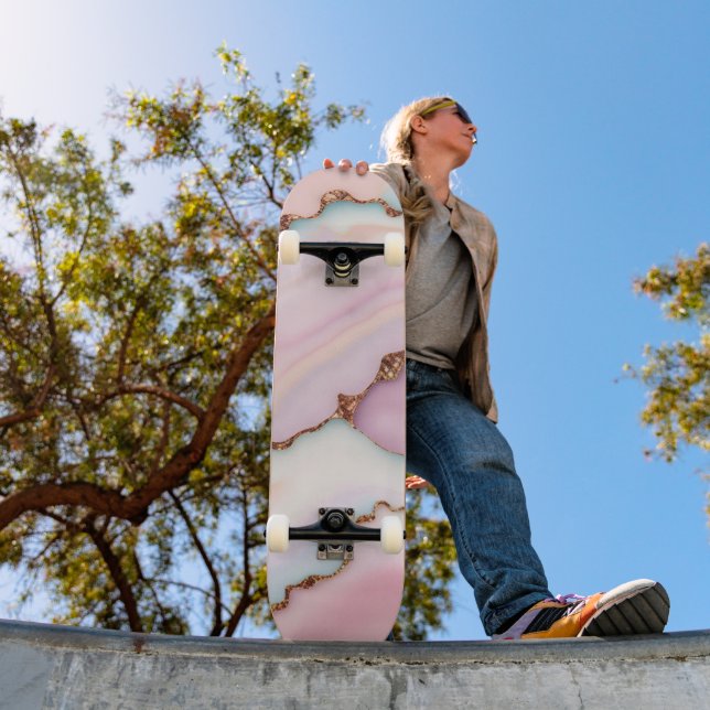 Light Blue Pink Marble Agate Modern Collection Skateboard (Outdoor 1)