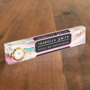 Light Blue Pink Marble Agate Popular Collection Nameplate