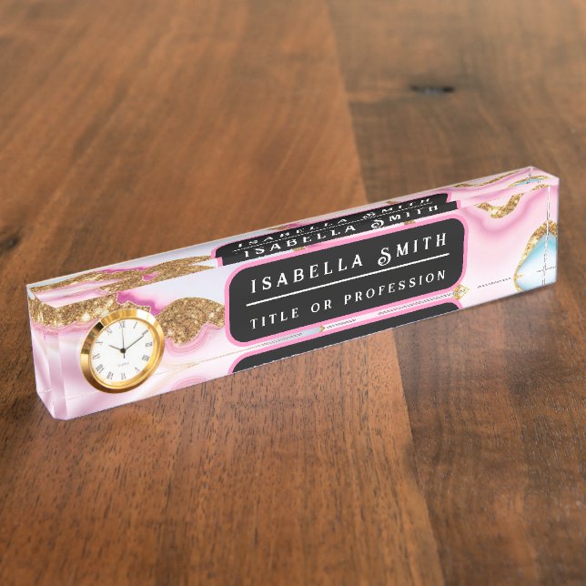 Light Blue Pink Marble Agate Trendy Collection Nameplate (Side)