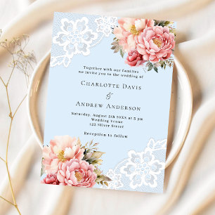 Light blue pink rose gold florals lace wedding invitation
