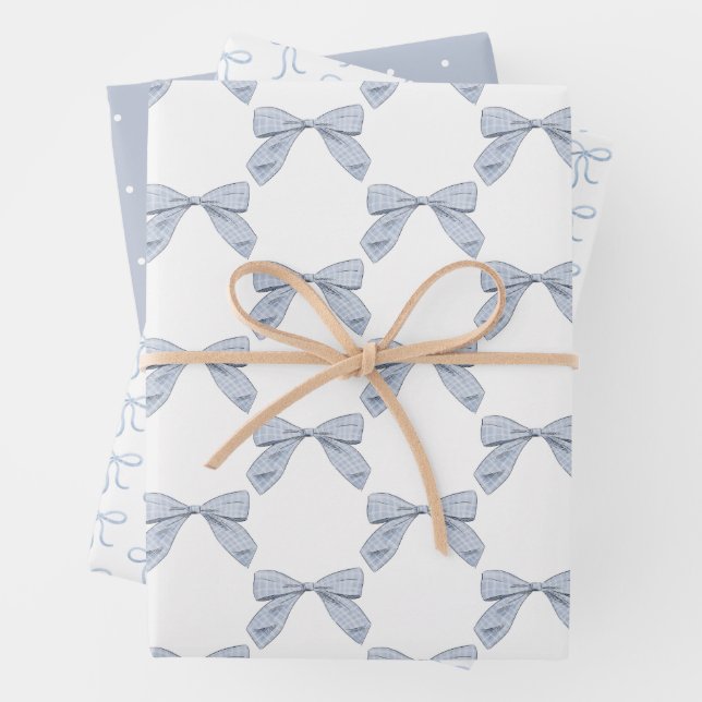Light Blue Plaid Bow Elegant Boy Baby Shower Wrapping Paper Sheet (In situ)