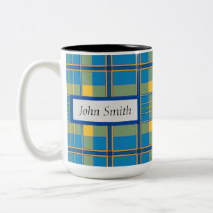 Light Blue Plaid Mug, 15 oz Two-Tone Coffee Mug