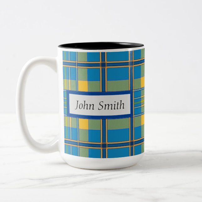 Light Blue Plaid  Mug, 15 oz Two-Tone Coffee Mug (Left)
