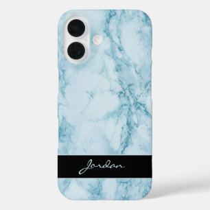 Light Blue Polished Marble Stone with Name iPhone 16 Case