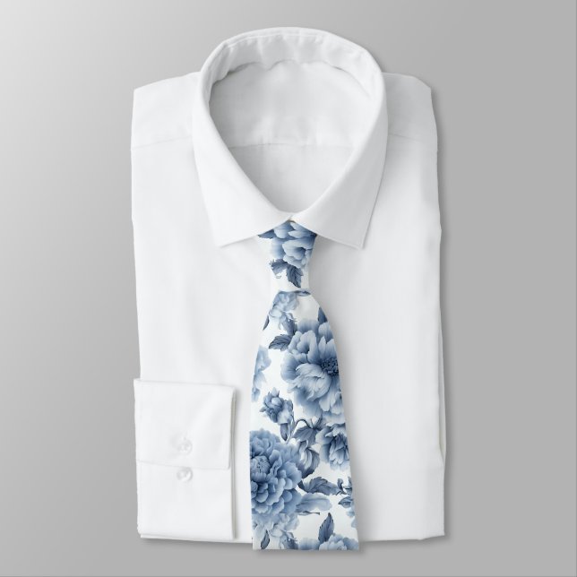Light Blue Porcelain Floral Wedding Groomsmen Gift Tie (Tied)