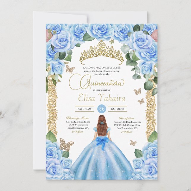 Light Blue Princess Dress Butterfly Quinceañera Invitation (Front)