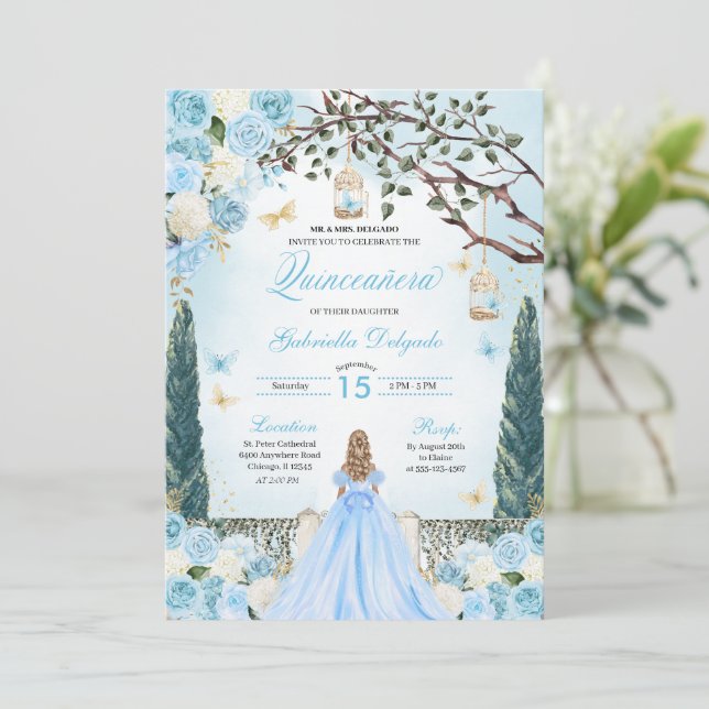 Light Blue Princess Enchanted Garden Quinceanera Invitation (Standing Front)