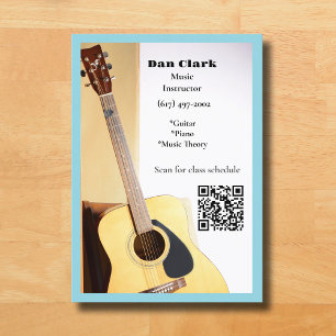 Light Blue QR Code Music Teacher Acoustic Guitar  Business Card