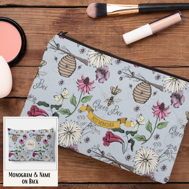 Light Blue Queen Bee & Gold Crown Best Mom Ever Accessory Pouch (Elegant Royal Queen Bee Hand-Drawn Patter with Custom Text on Front & Monogram and Name on the Back)