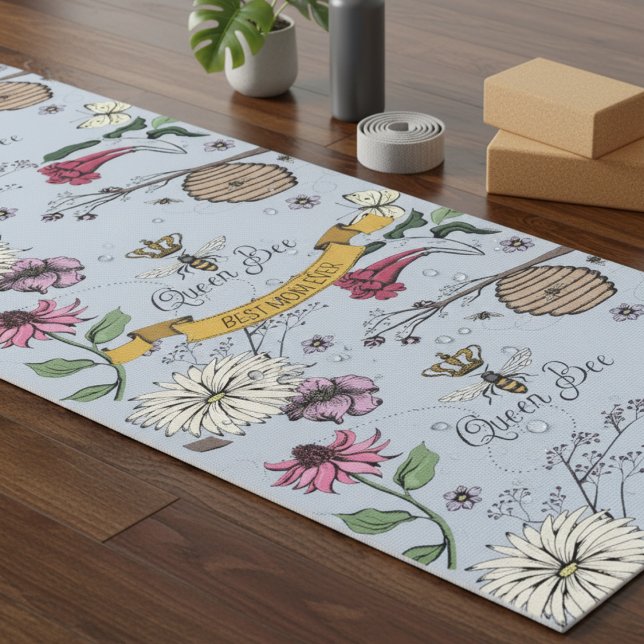 Light Blue Queen Bee & Gold Crown Best Mom Ever Yoga Mat (Floral Queen Bee Yoga Mat for Her. Vintage Bee, Flower, Crown Insect Pattern for Meditation, Workout)