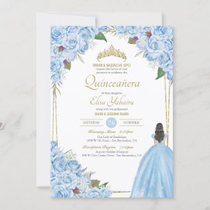 Light Blue Quinceanera Elegant Dress Rose Floral Invitation