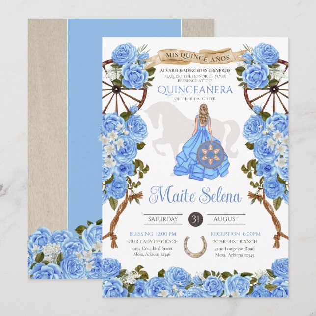 Light Blue Quinceanera Elegant Rose Western Charra Invitation (Front/Back)