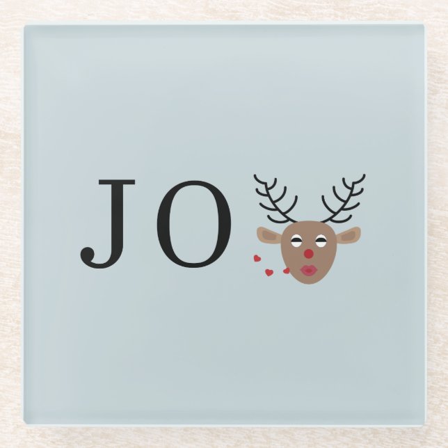 Light Blue Reindeer Joy Festive Christmas Party Glass Coaster (Front)