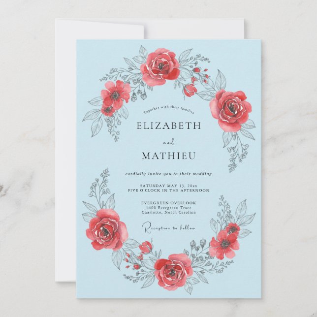 Light Blue Rose Blossom Romance Wedding Invitation (Front)
