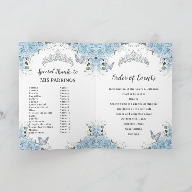 Light Blue Rose Floral Quinceañera Order of Events Program (Inside)
