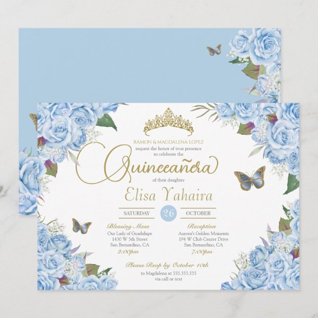 Light Blue Rose Floral Tiara Butterfly Quinceanera Invitation (Front/Back)