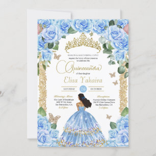 Light Blue Rose & Gold Butterfly Quinceañera Invitation