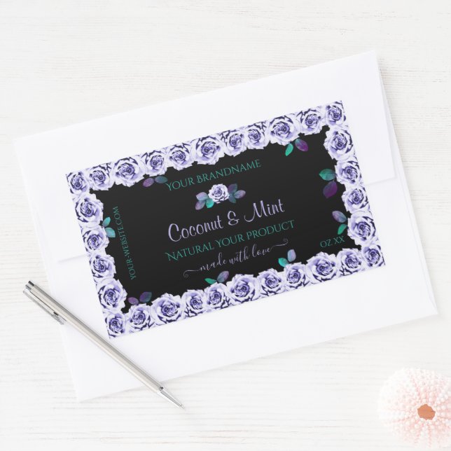 Light Blue Roses on Black Product Packaging Labels (Envelope)