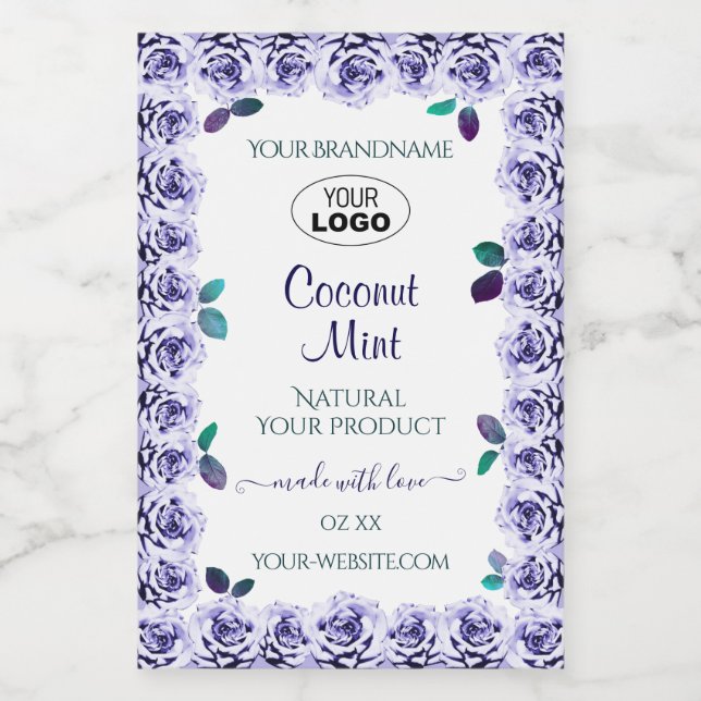 Light Blue Roses on White Product Labels with Logo (Single Label)
