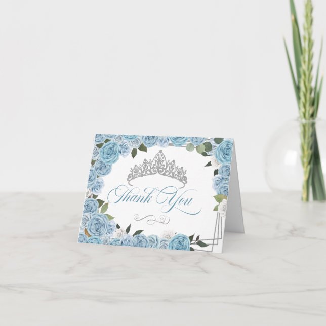 Light Blue Roses Princess Tiara Thank You Card (Front)