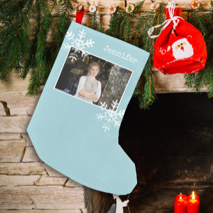 Light Blue Rustic Snowflake Custom Photo Small Christmas Stocking