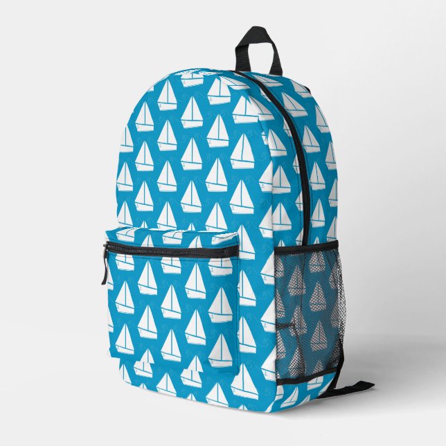 Light Blue Sailboat Pattern Printed Backpack (Back Corner Right)