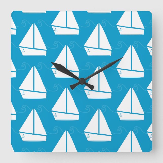 Light Blue Sailboat Pattern Square Wall Clock (Front)