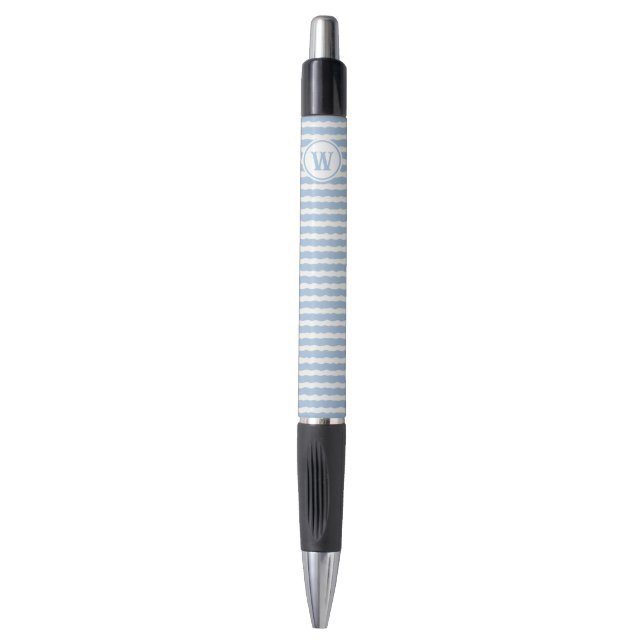 Light Blue Scalloped Stripe Monogram Writing Pen (Front Vertical)