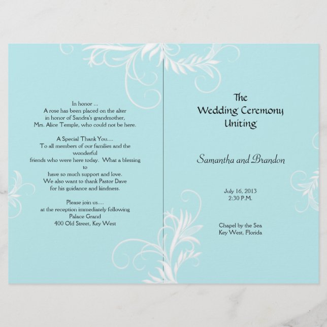 Light Blue Scrollwork Folded Wedding Program (Front)