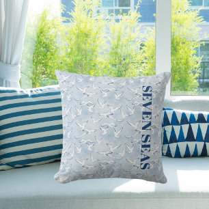 Light blue seagulls birds text modern coastal outdoor pillow